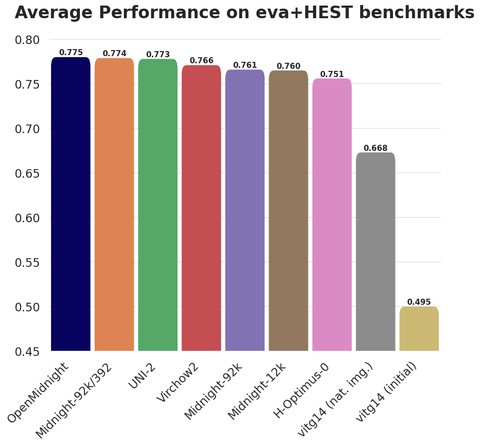Average performance of top pathology foundation models and baselines.